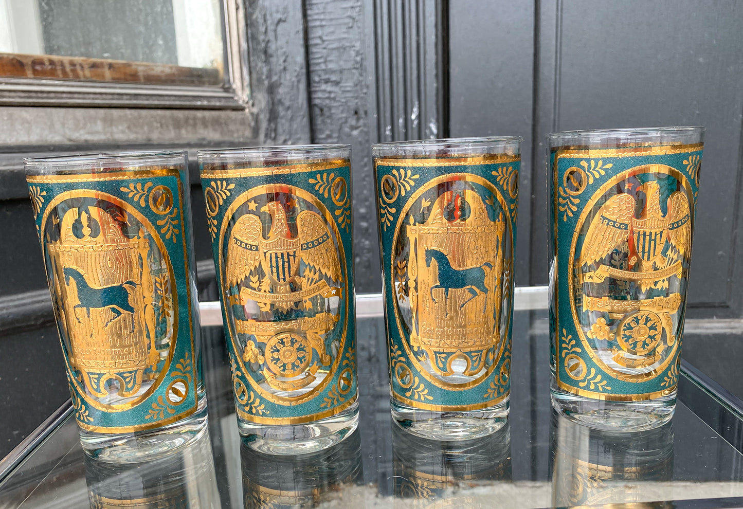 Set of Four George Briard 22k Gold and Turquoise Horse and Eagle Glasses