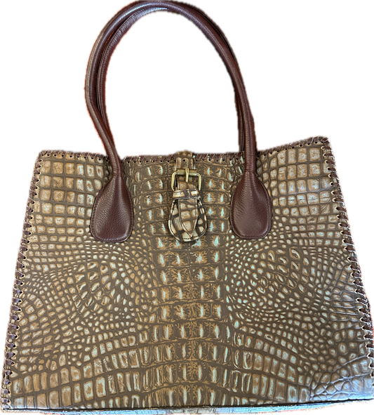 Brown Croc Tooled Leather Handbag by Juan Antonio
