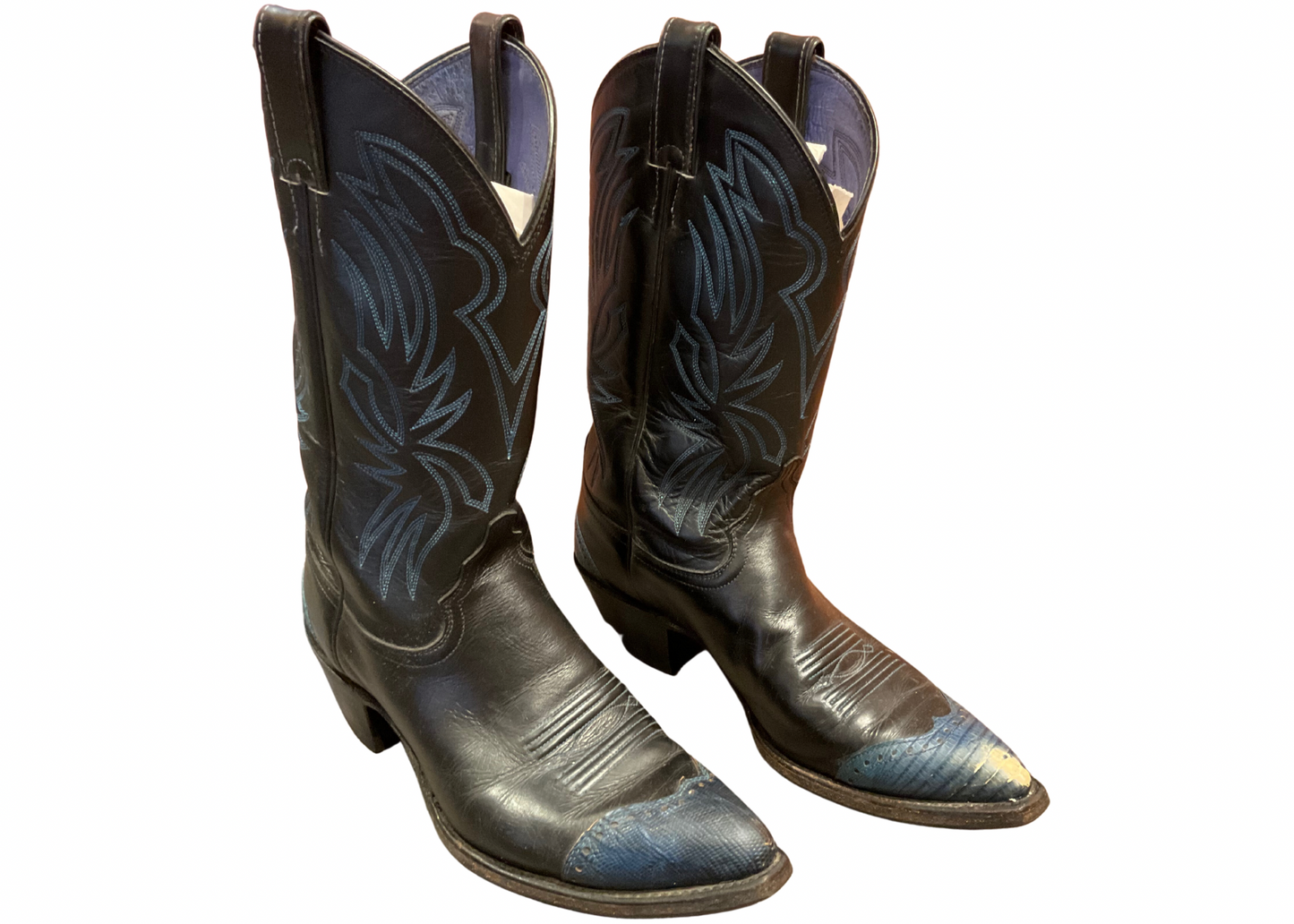 Vintage Black Cowboy Boots Blue Toes Justin Style Size: 9