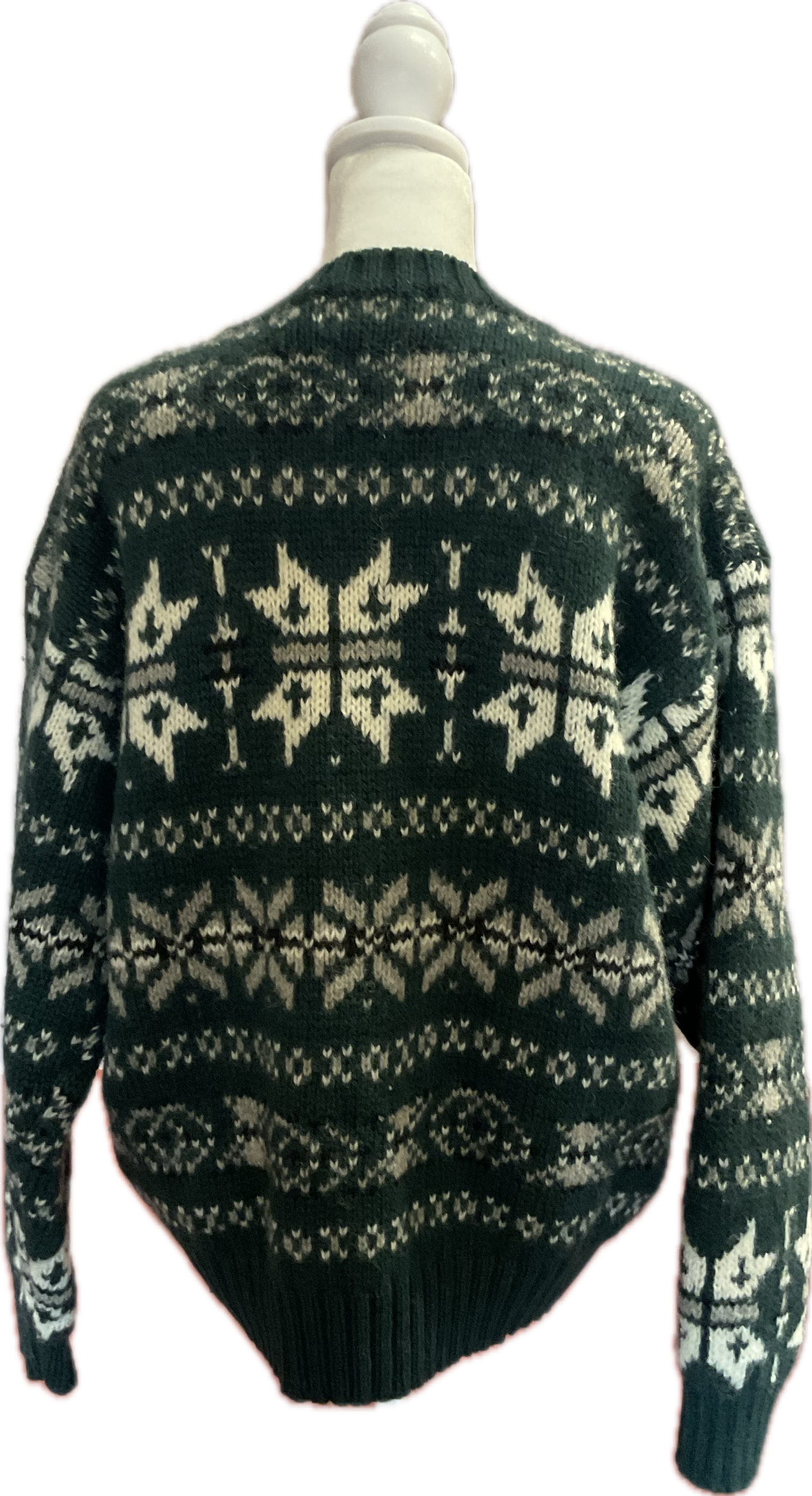 Vintage American Eagle Outfitters Green, White & Grey Wool Knit Snowflake Crewnek Sweater (size large)