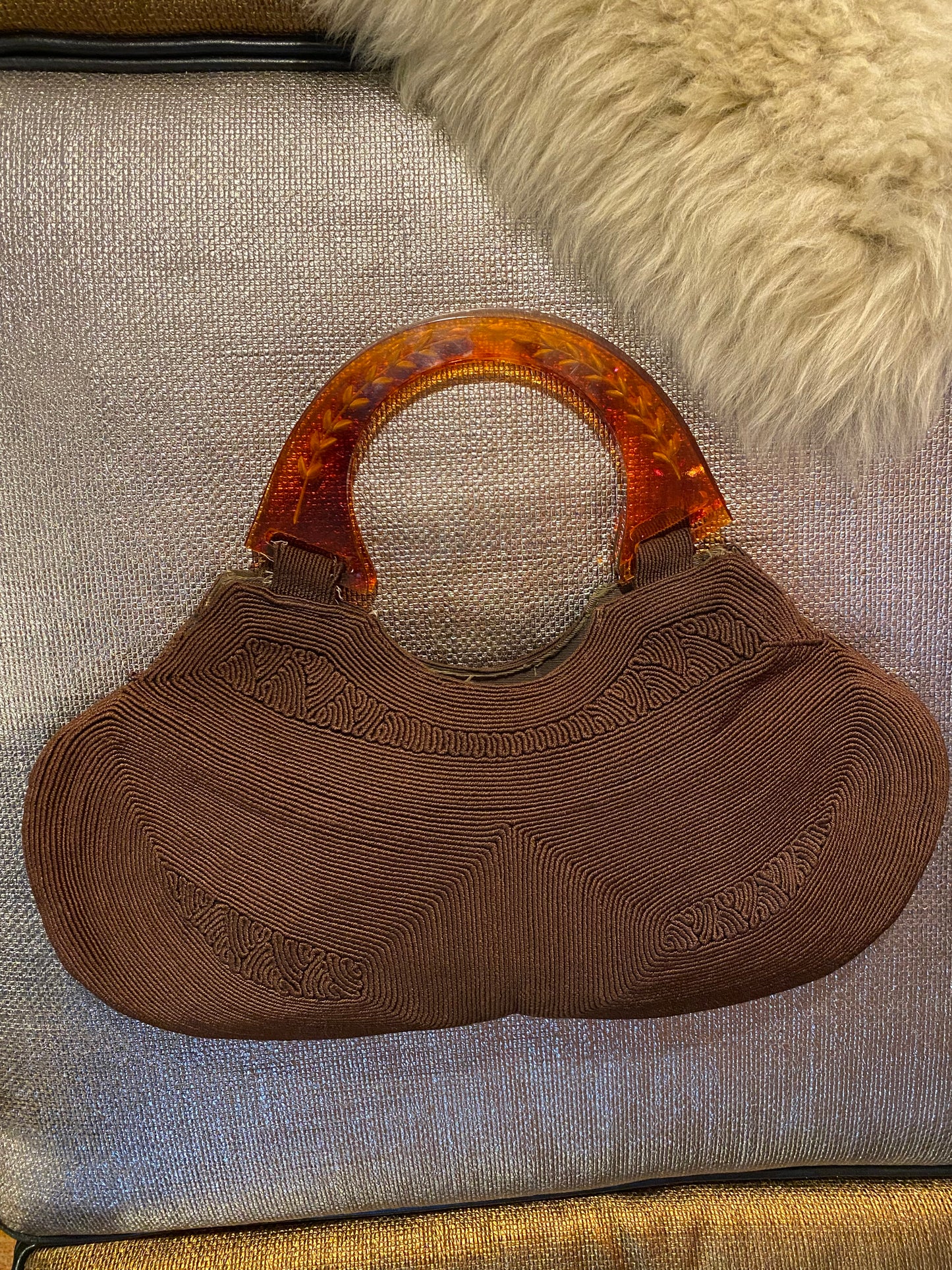 40s Brown Corde Handbag Tortoiseshell Lucite Strap