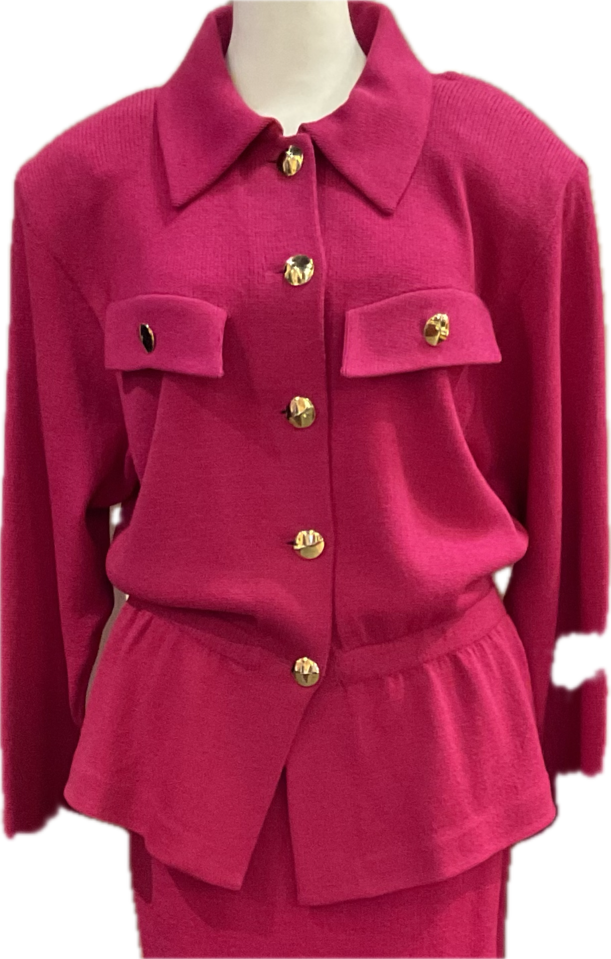 80s St John Knit Suit Pink Fuchsia Blazer Skirt Gold Buttons