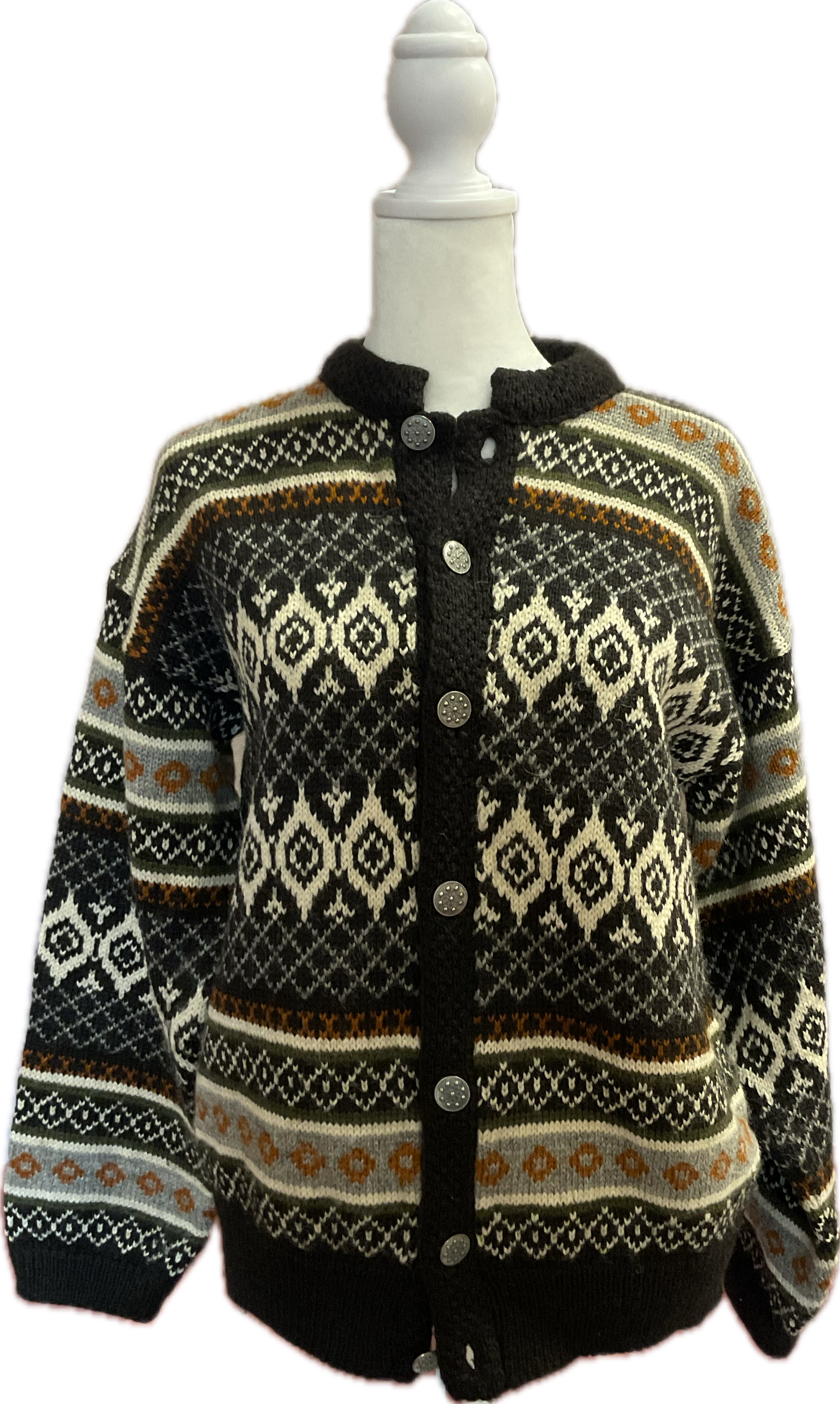 Vintage Fjordland of Norway Multipattern Striped Wool Cardigan Sweater in Green ,Orange, Grey, White, Black with Silver Snowflake Buttons