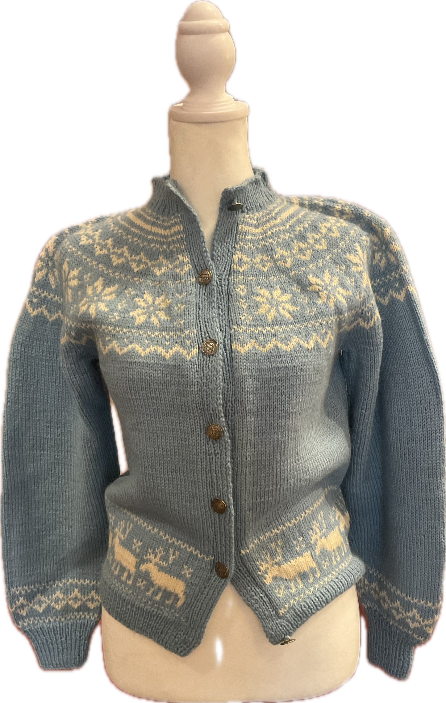 Vintage Handknit Norway Baby Blue Wool Cardigan Sweater with Reindeer & Snowflakes, silver reindeer metal buttons & extra button in black velvet pouch attached to tag