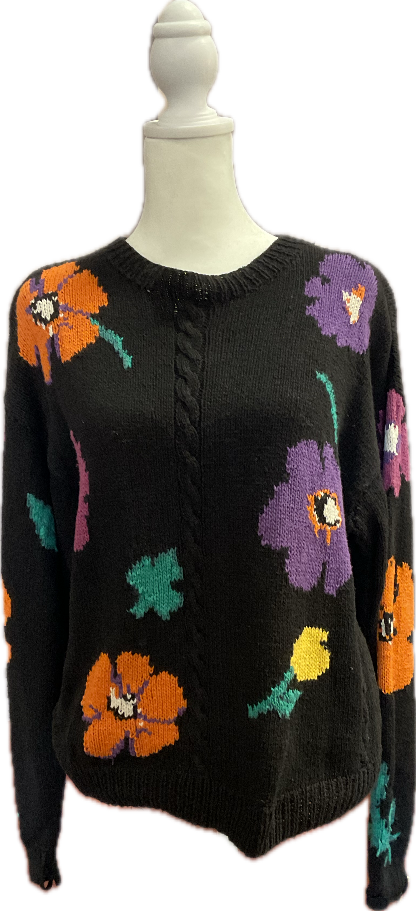 80s Black Cropped Sweater Floral Pattern
