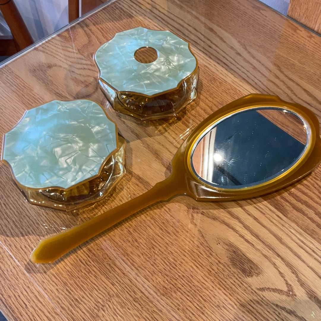 Vintage Celluloid Hand Mirror and Trinket Set (3 Pieces)