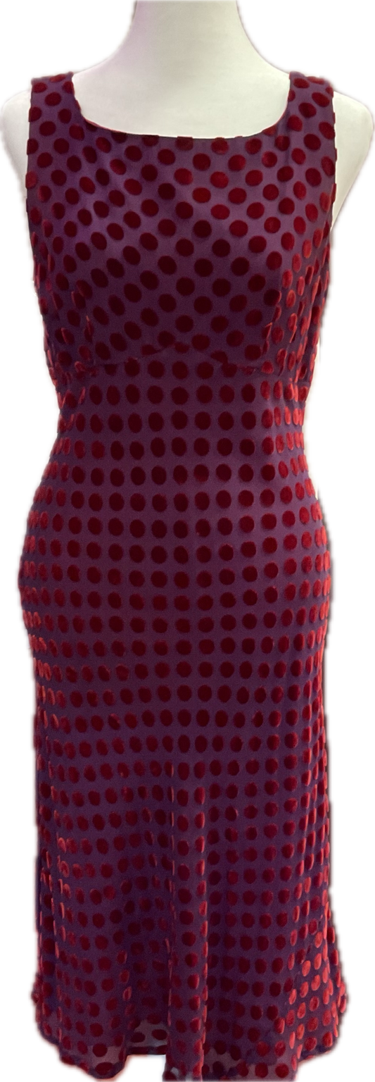 Y2K Nanette Lepore Dress Burgundy Red Polka Dot Burnout Velvet