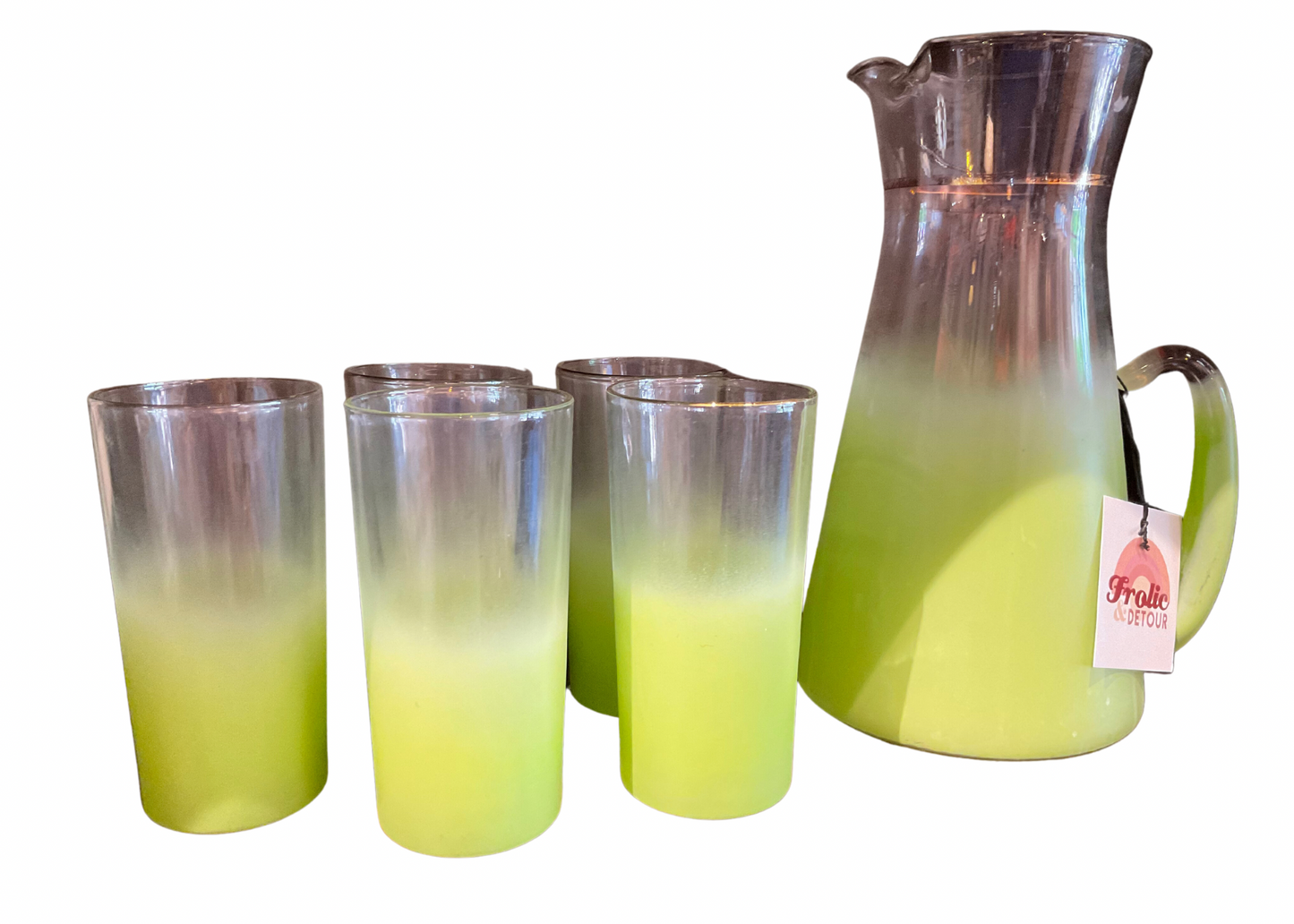Vintage Green Glass Pitcher and Five Glasses