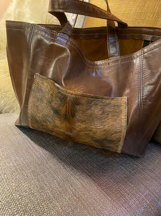 Custom Distressed Recycled Cowhide Tote Bag by Diyana for Frolic & Detour
