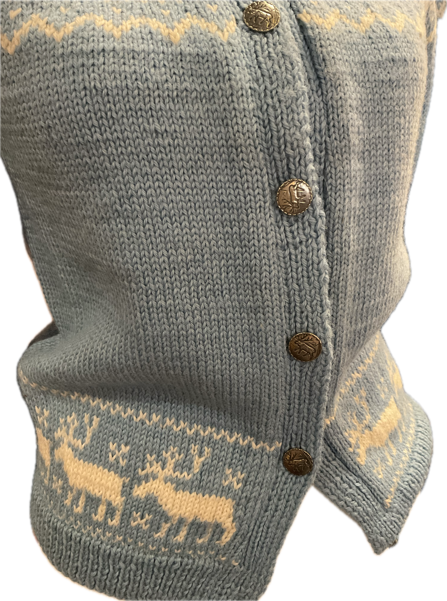 Vintage Handknit Norway Baby Blue Wool Cardigan Sweater with Reindeer & Snowflakes, silver reindeer metal buttons & extra button in black velvet pouch attached to tag
