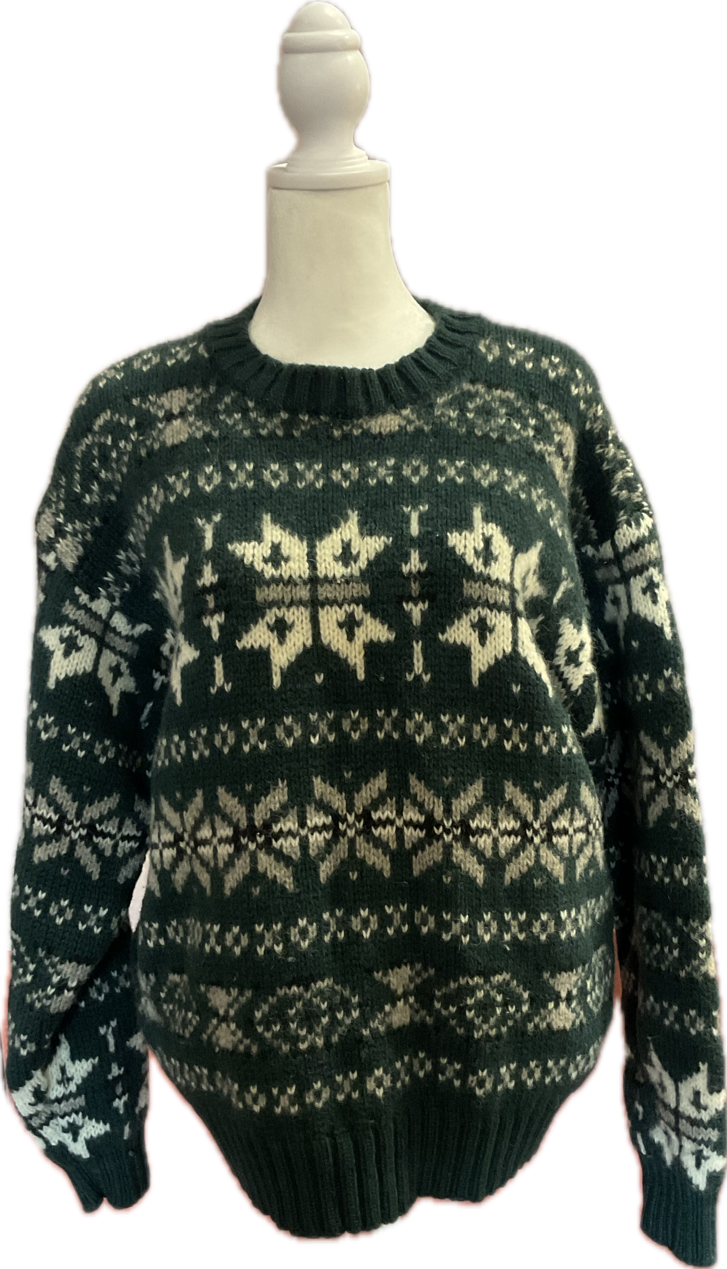 Vintage American Eagle Outfitters Green, White & Grey Wool Knit Snowflake Crewnek Sweater (size large)