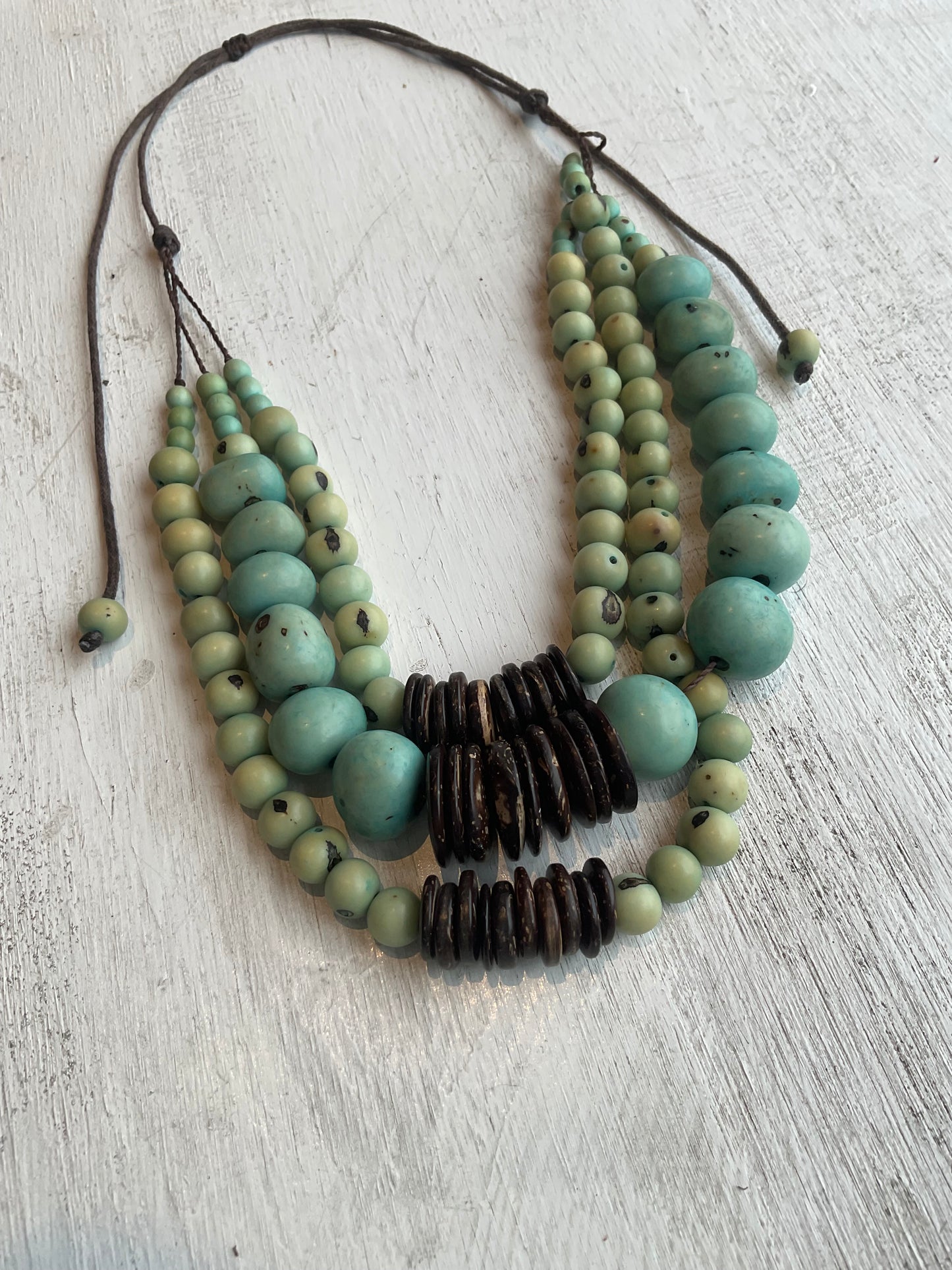 Aqua Seeds & Nuts Necklace on Cording