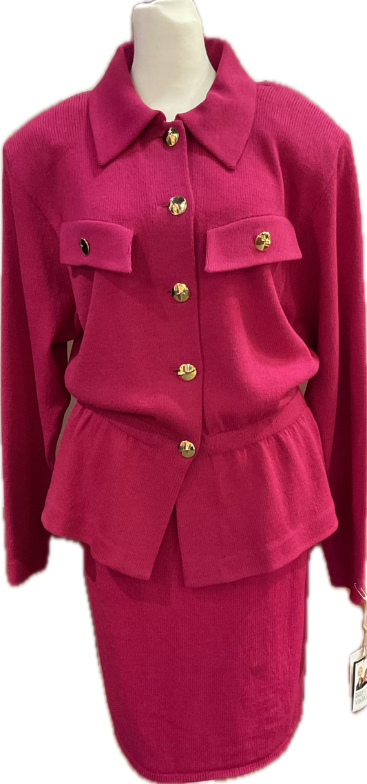 80s St John Knit Suit Pink Fuchsia Blazer Skirt Gold Buttons
