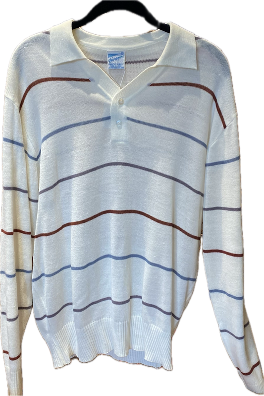 Vintage Harwyn White Long Sleeve Striped Polo