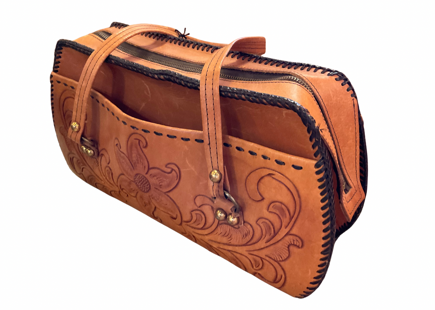 70s Tooled Leather Brown Handbag