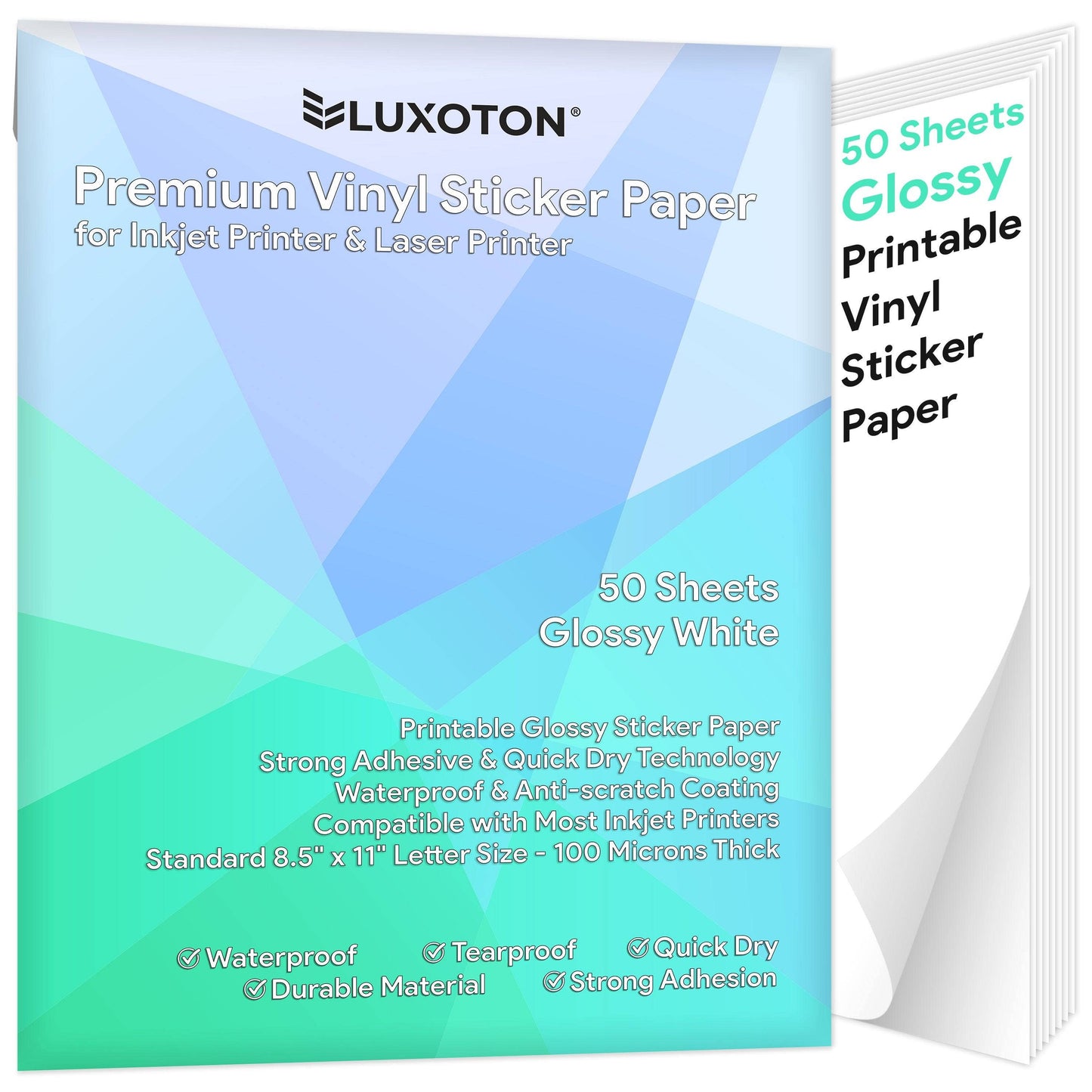 Printable Vinyl Sticker Paper for Inkjet Printer & Laser 8.5"x11" | Glossy White: 50 Sheets