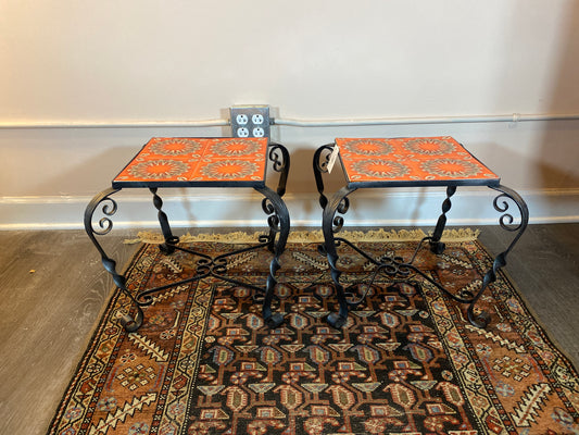 70's Wrought Iron Side Tables with Orange Tiles (Pair)