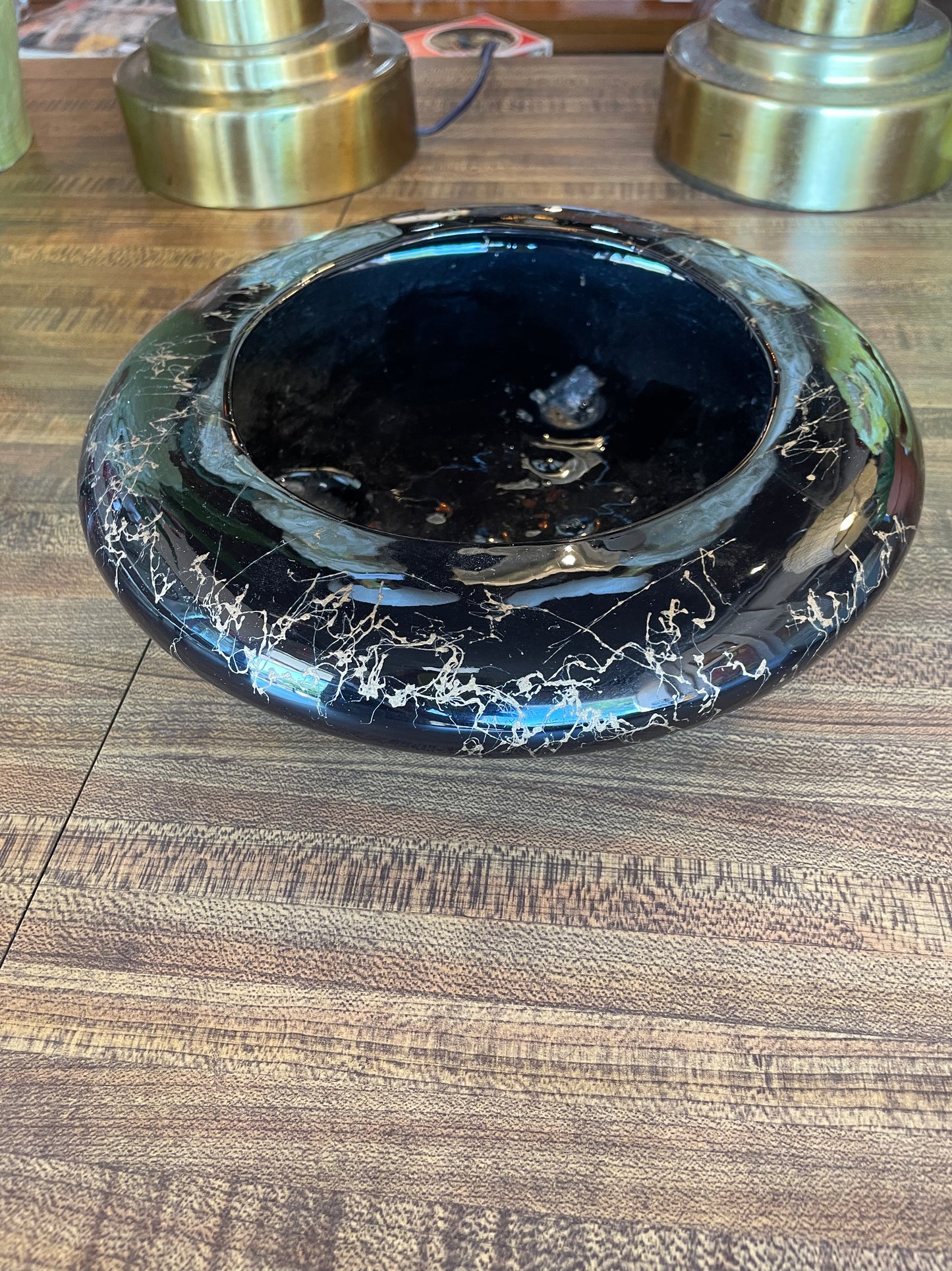 50s Black Ceramic Plant Dish with Gold Swirl