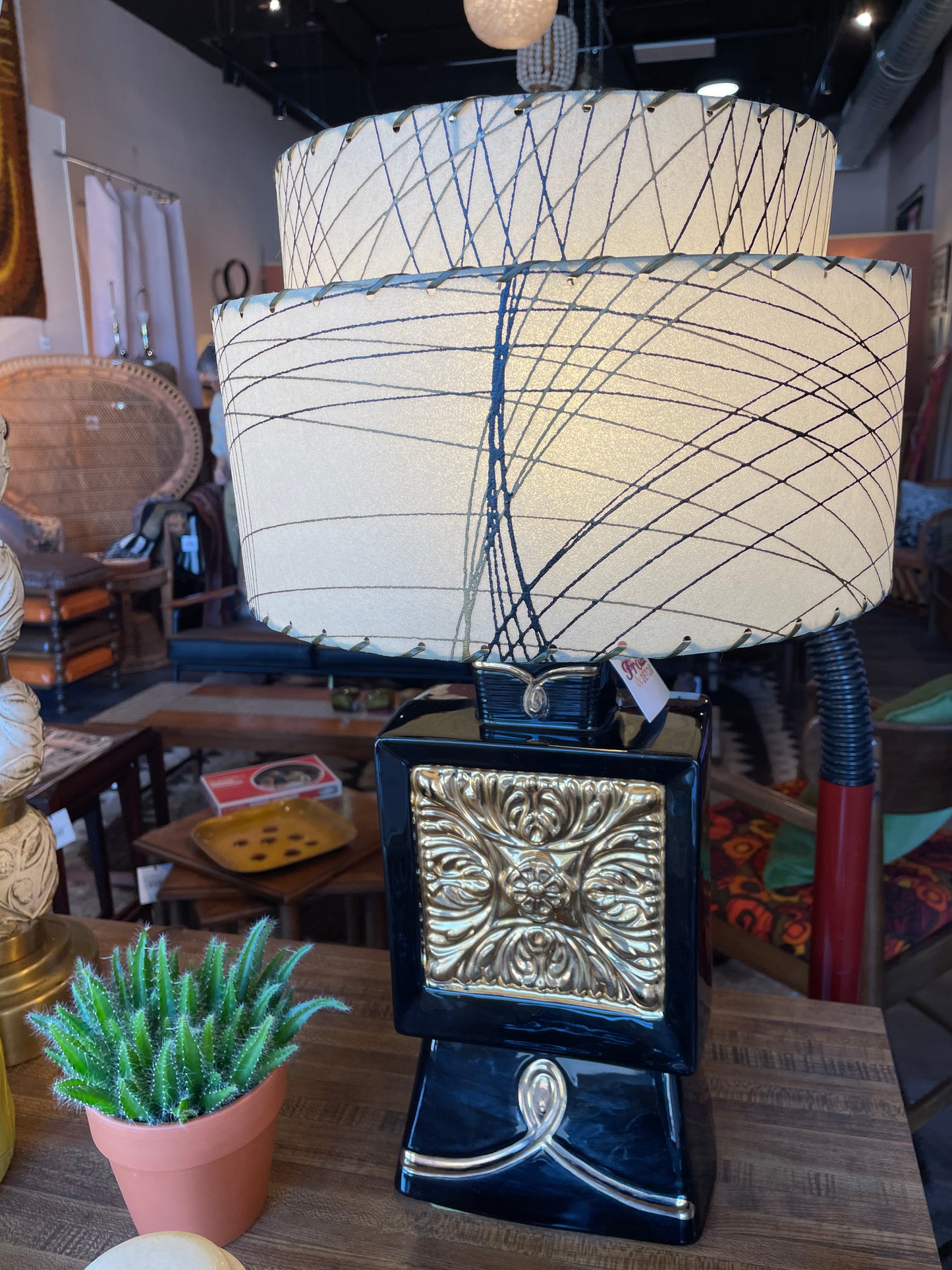 Black and Gold 1950s Ceramic Lamp with Swirled Fiberglass Shade