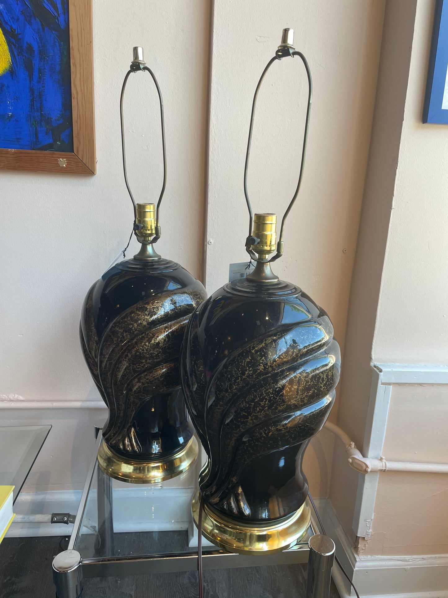 MCM Black Ceramic Gold Swirly Lamps  (Pair)