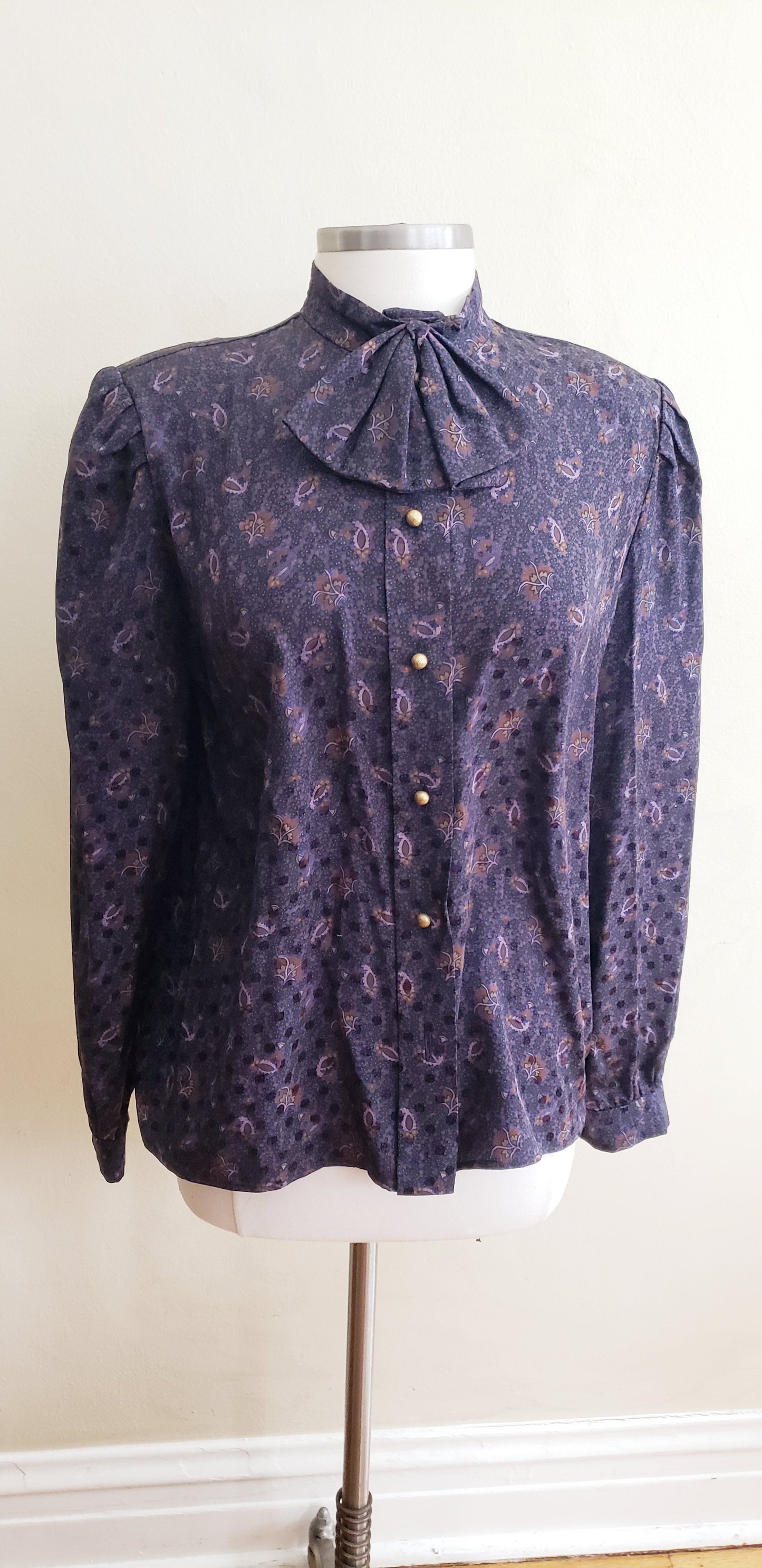 1980s Nina Ricci Purple Silk Print Blouse with Jabot for Elizabeth Arden