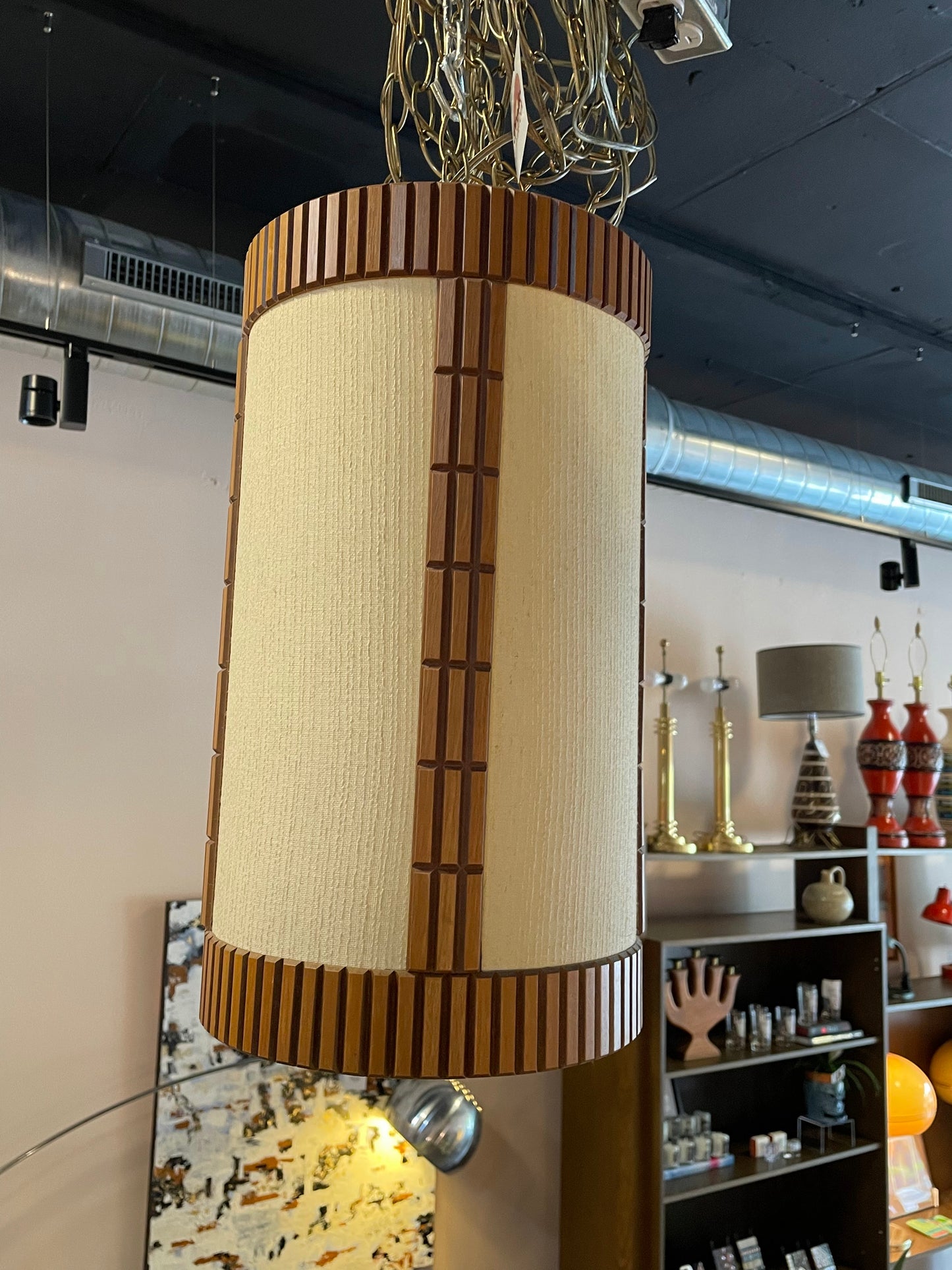 Cane and Cloth Cylinder Swag Lamp