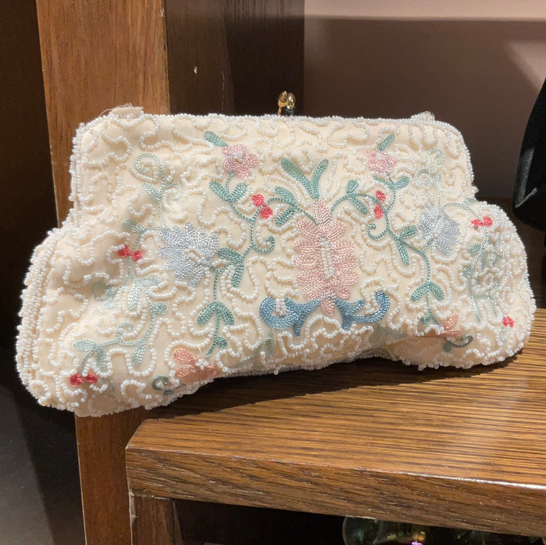 Vintage White Beaded Clutch with Floral Embroidery