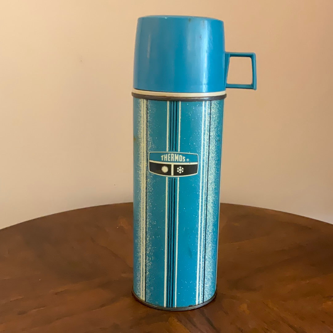 Vintage 1969 King Seeley Thermos Picnic 1 PintBlue Striped Bottle w Cup