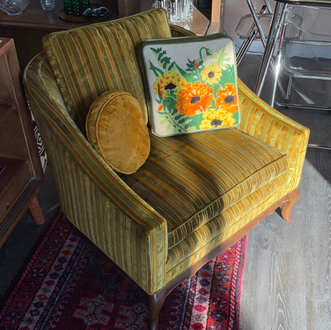 MCM Green + Yellow Striped Chair w/ Gold Pillow