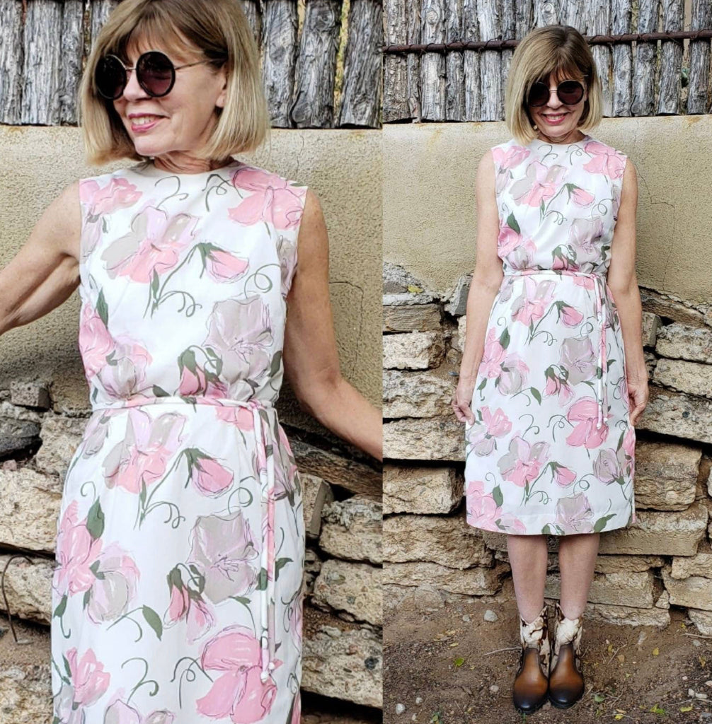 1960s Floral Print Pink and Green Sleeveless Sun Dress