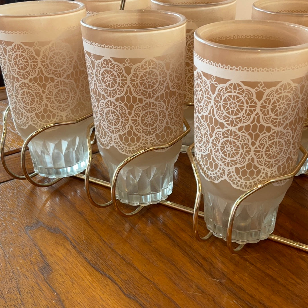 Set of Six Vintage Pink Glasses w/ Caddy