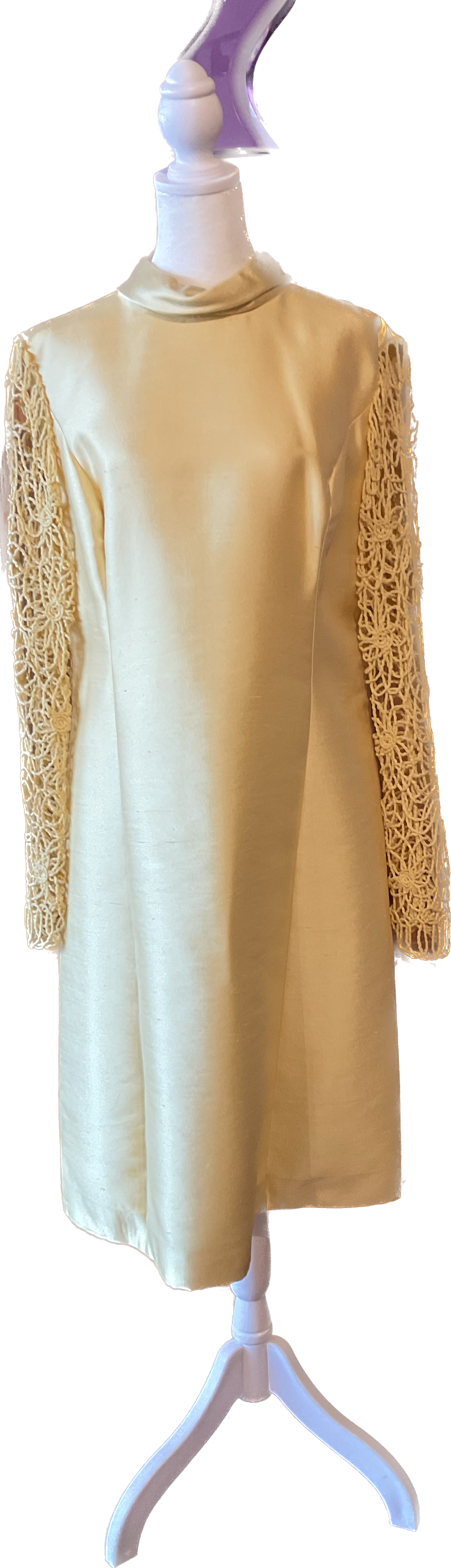 60s Yellow Silk Dress Crochet Long Sleeves