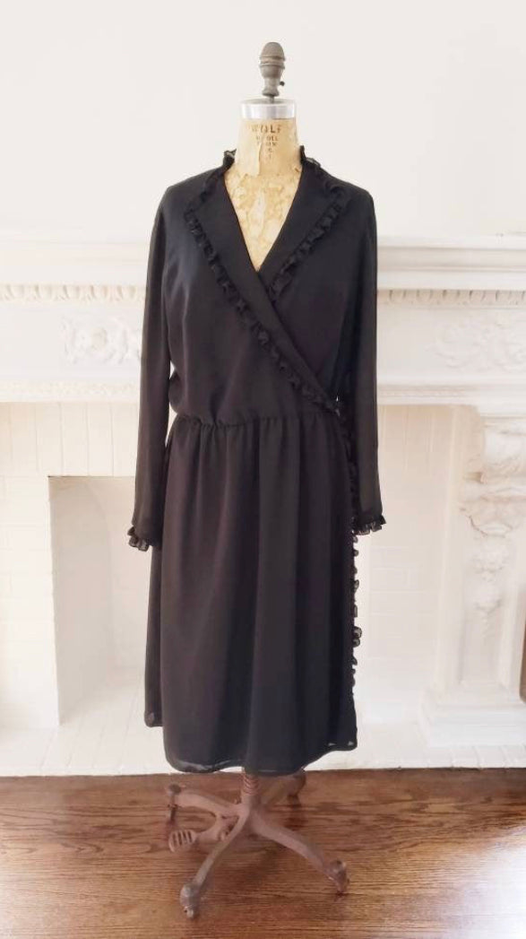 70s Long Sleeve Black Dress Ruffled Shawl Collar