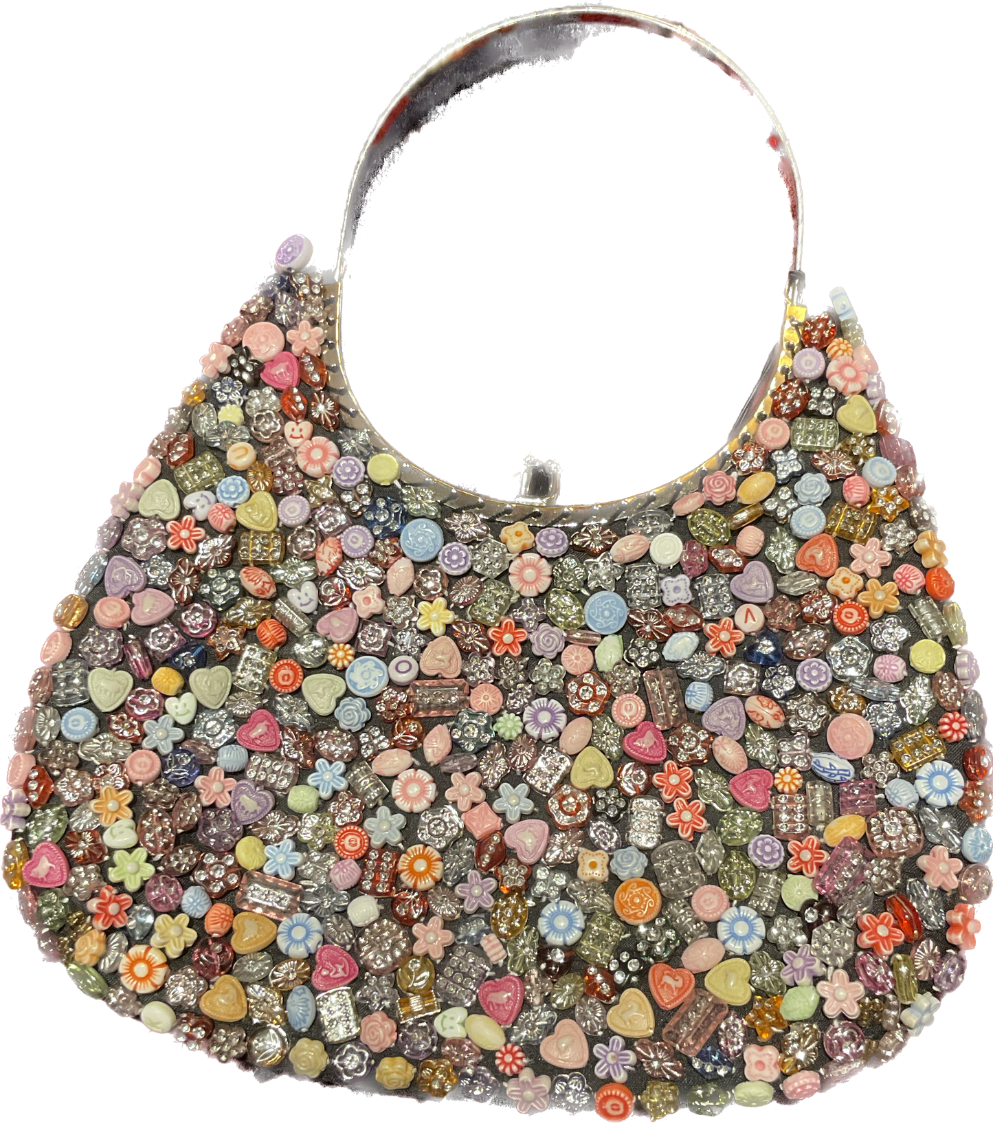 Colorful Beaded Bag with Silver Handle and Bling Buttons