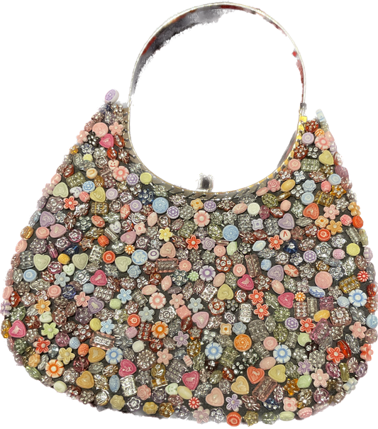 Colorful Beaded Bag with Silver Handle and Bling Buttons