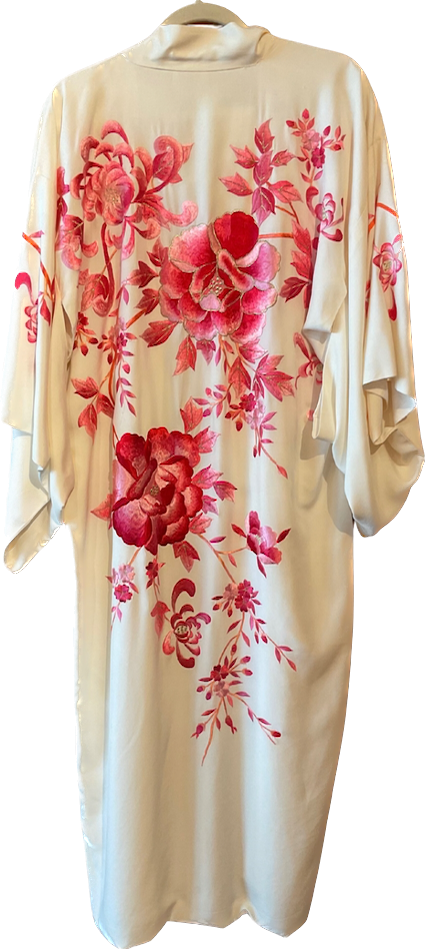 Vintage Kimono- White Silk with Pink Hand Embroidered