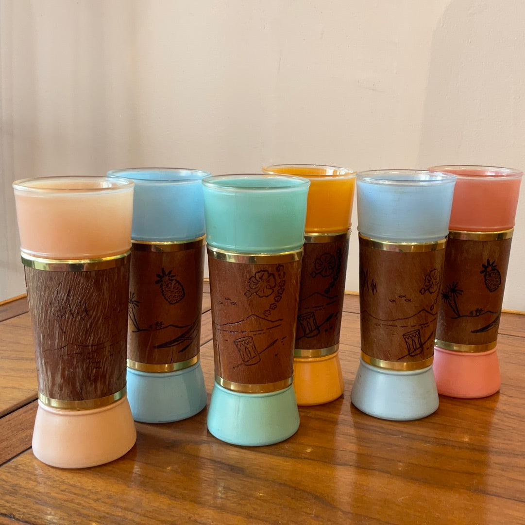 Set of Six Vintage Multi-Colored Tiki Glasses