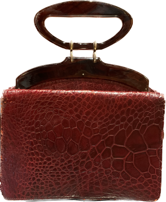 Maroon Croc Leather Small Handbag with Acrylic Handle by Hudson