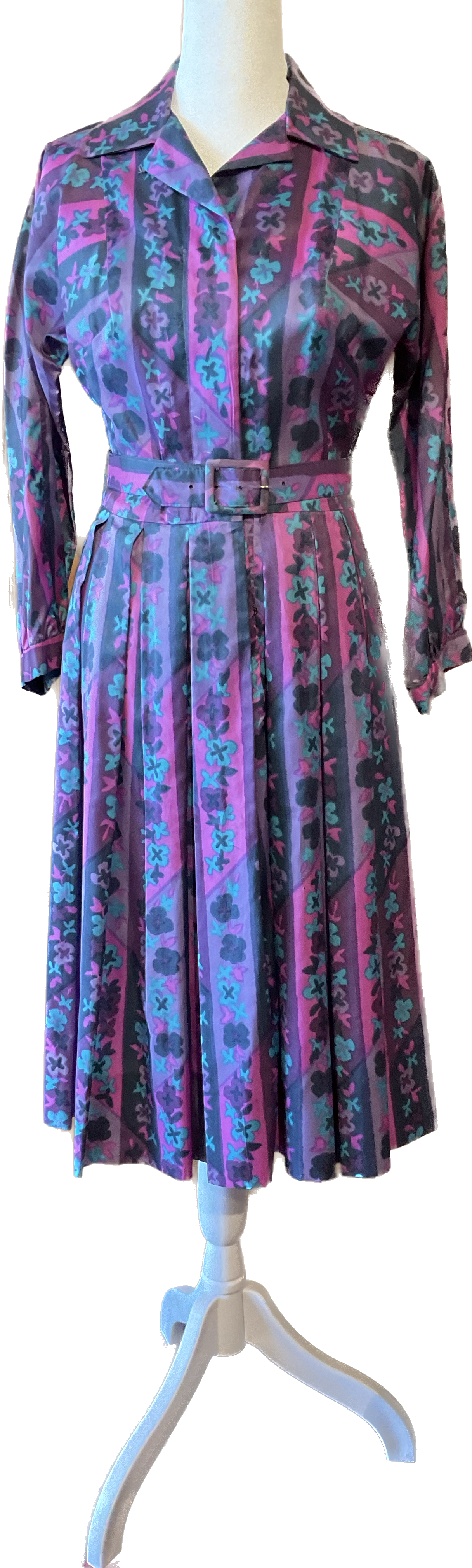 60s Silk Belted Long Sleeved Silk Fuscia, Teal and Black Dress