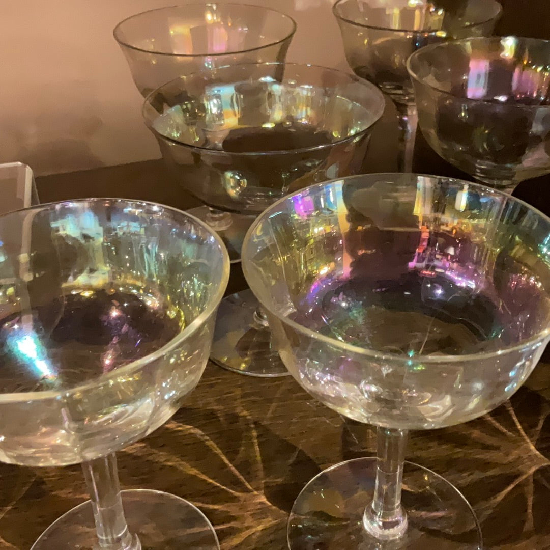 Set of Seven Vintage Iridescent Champagne Coupe Glasses