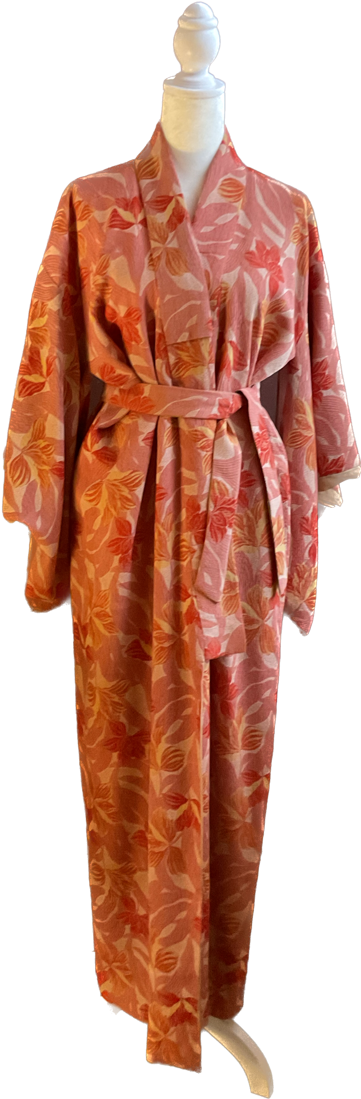 Vintage Kimono- Pink Orange Lily Floral Silk Woven Tapestry